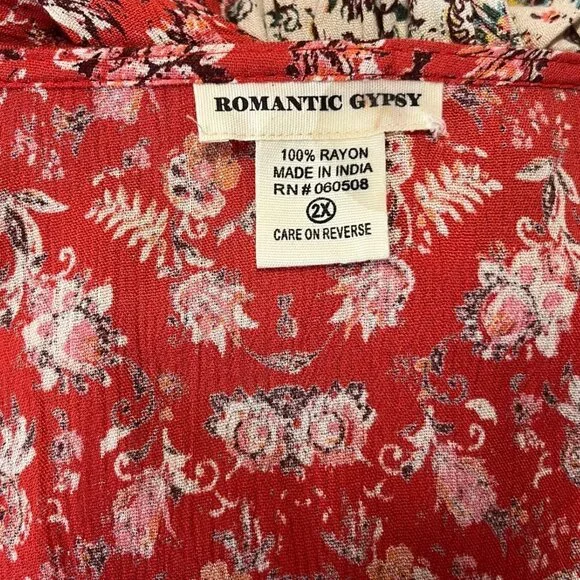 2X Long Sleeve Gauzy Rayon Red Floral Bohemian Maxi Dress Festival Gypsy - Picture 6 of 6
